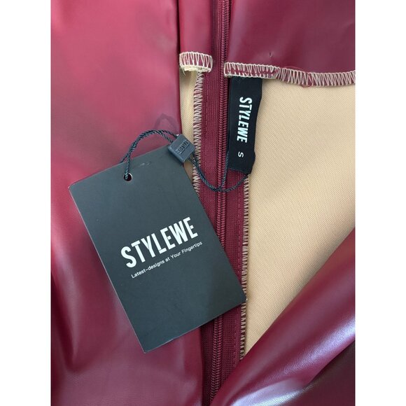 Stylewe Burgundy Faux Leather Dress 3/4 Sleeves Back Zipper Closure Women Small - Picture 5 of 11